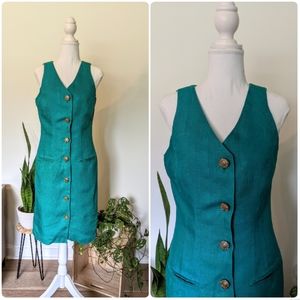 Vintage 1980s green linen sheath dress gold button front sz 8